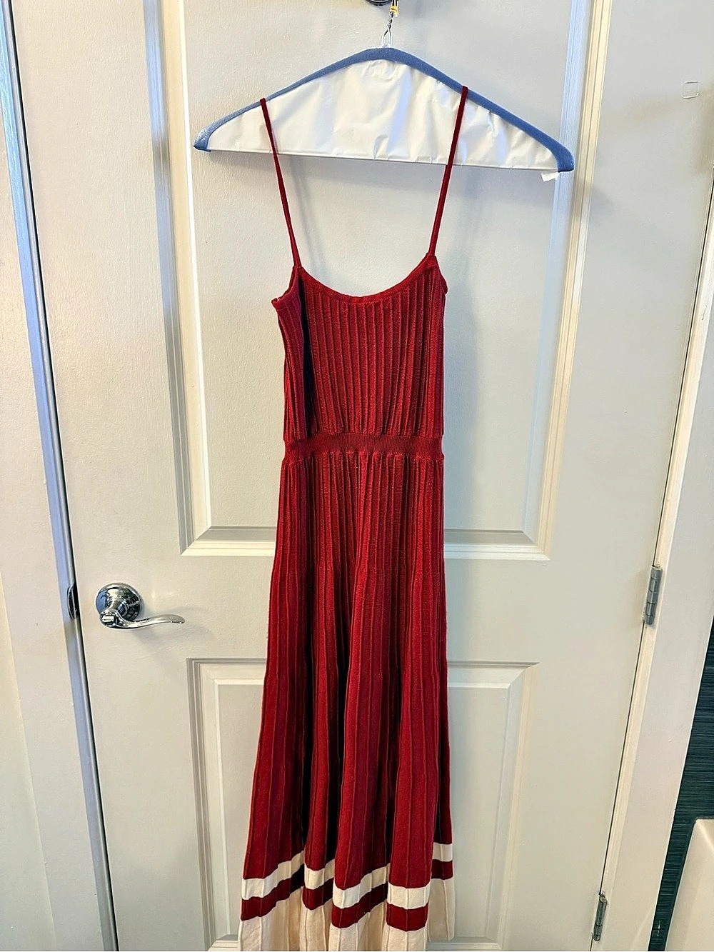 Color Block Pleated Maxi Dress in Crimson/Red & Cream